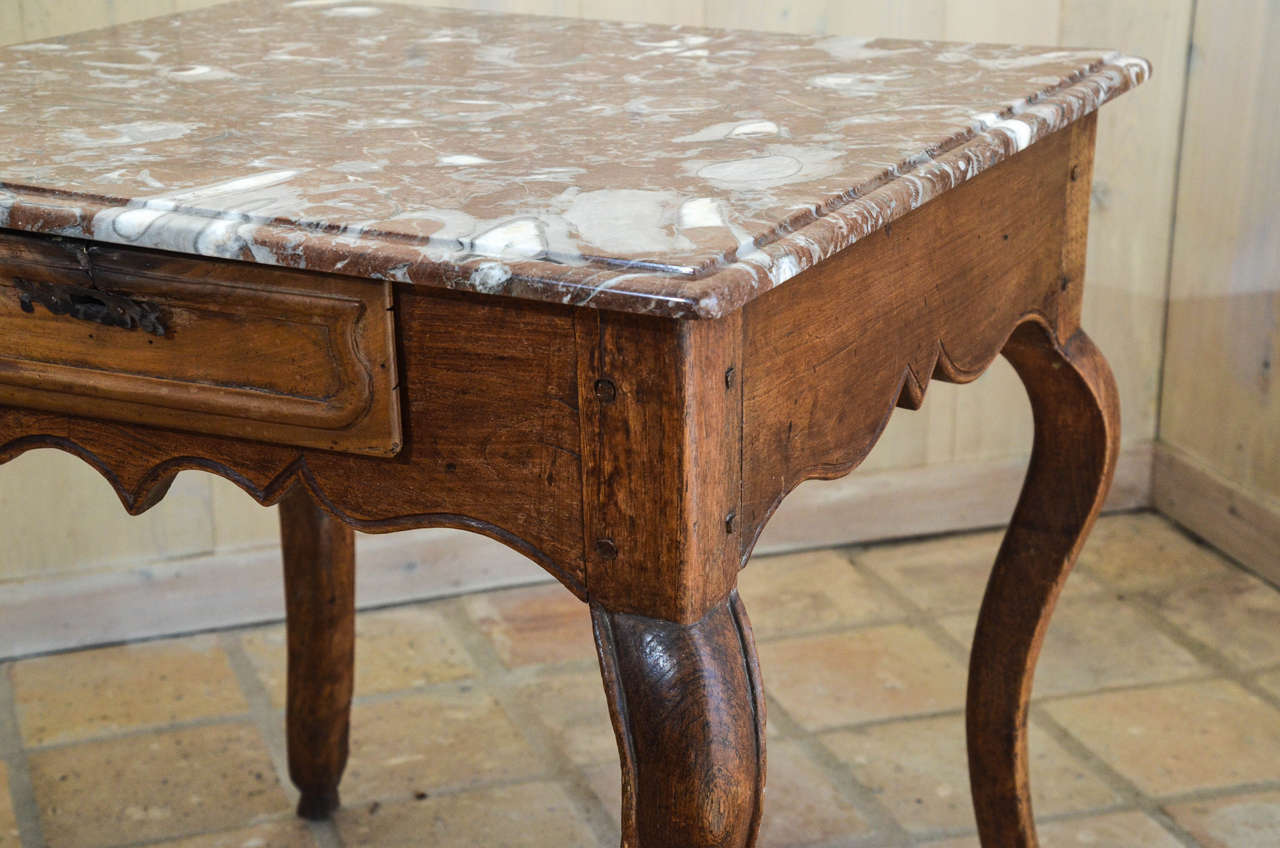 18th Century and Earlier Louis XV Marble-Top Chestnut Table with Pied De Biche